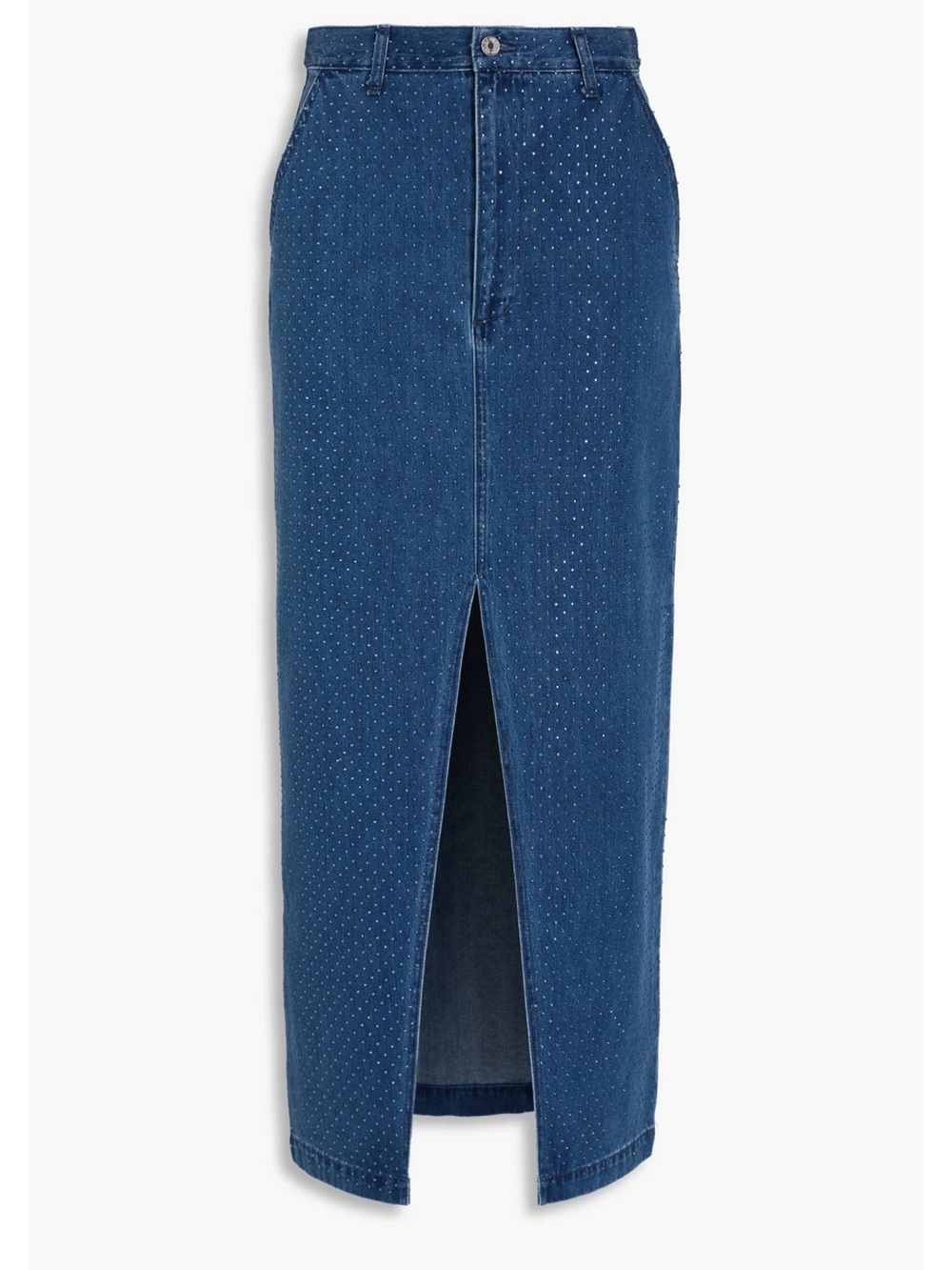 Sandro Blue Denim Midi/Maxi Skirt with Front Slit and Micro-Rhinestone Detail